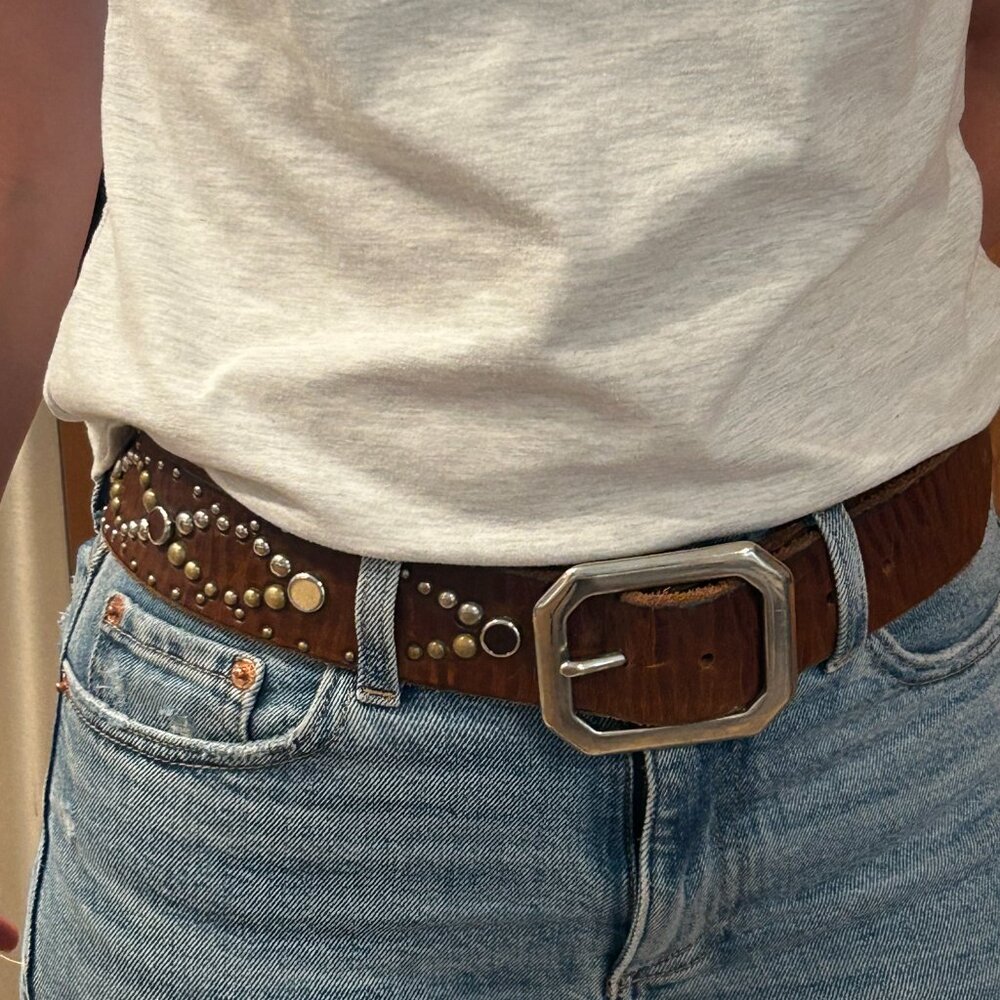 Brown Studded Leather Belt with Silver Buckle